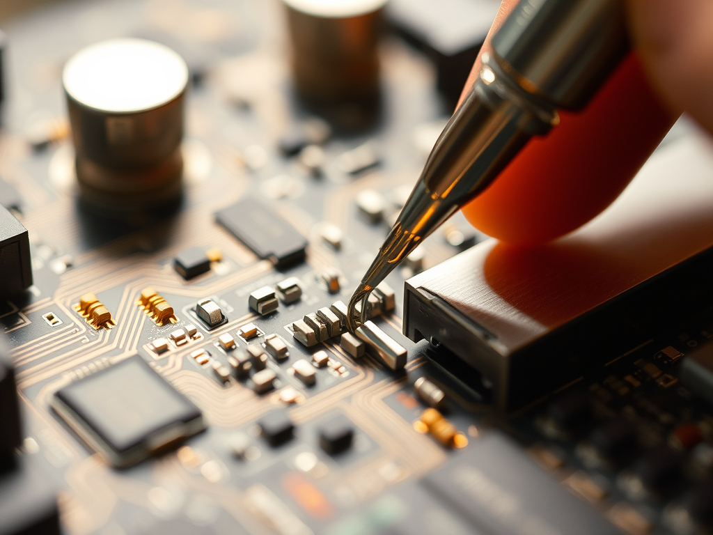 Close-up of a person using a precision tool for soldering components on a detailed electronic circuit board.